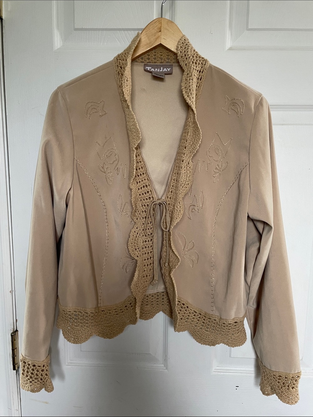 TanJay Beige Crochet-Trim Tie-Front Jacket